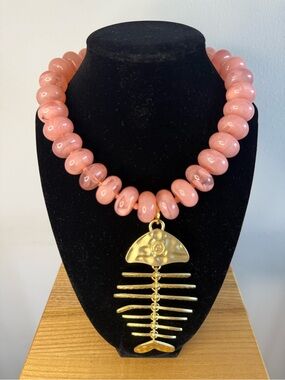 Pink Bead Statement Necklace with Gold Fishbone Pendant